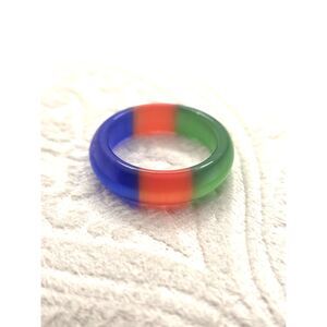 Glass Moonstone Band Ring Size 6 Red Blue Green 3 Color Block 5 mm Wide